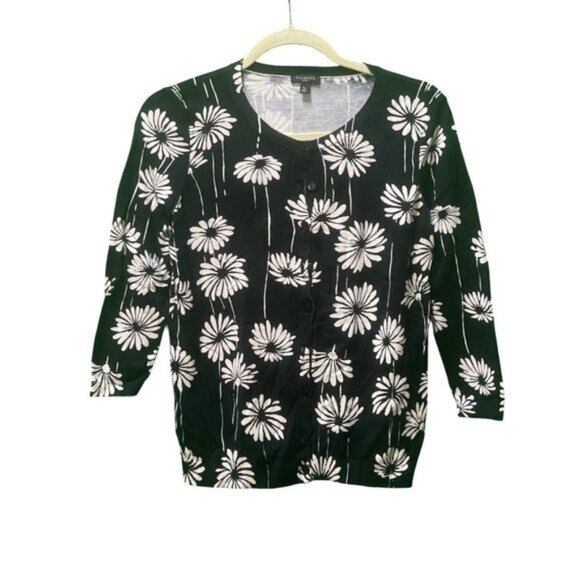 Talbots 3/4 Sleeve Black Floral Lightweight Cotton Blend Cardigan Size S/P - Picture 3 of 5